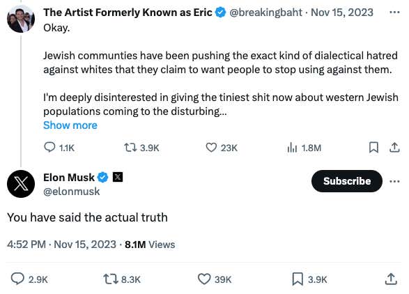 Elon Musk unterstützt einen Tweet, in dem es heißt, dass Juden ermutigen 